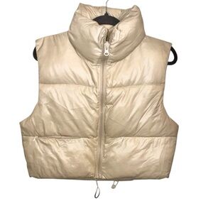 Automet Cropped Puffer Vest Zip Up Stand Collar Sleeveless Padded Crop Tan Sz S